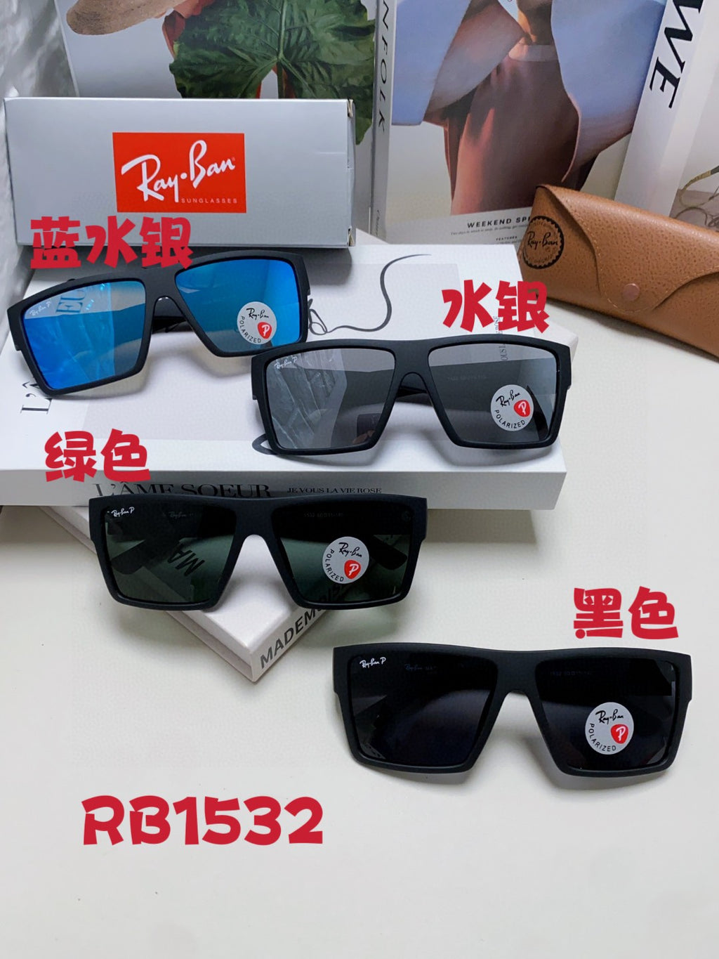 Ray-Ban RB1532 Polarized Square Blue Lens Sunglasses for Men - detail image 9
