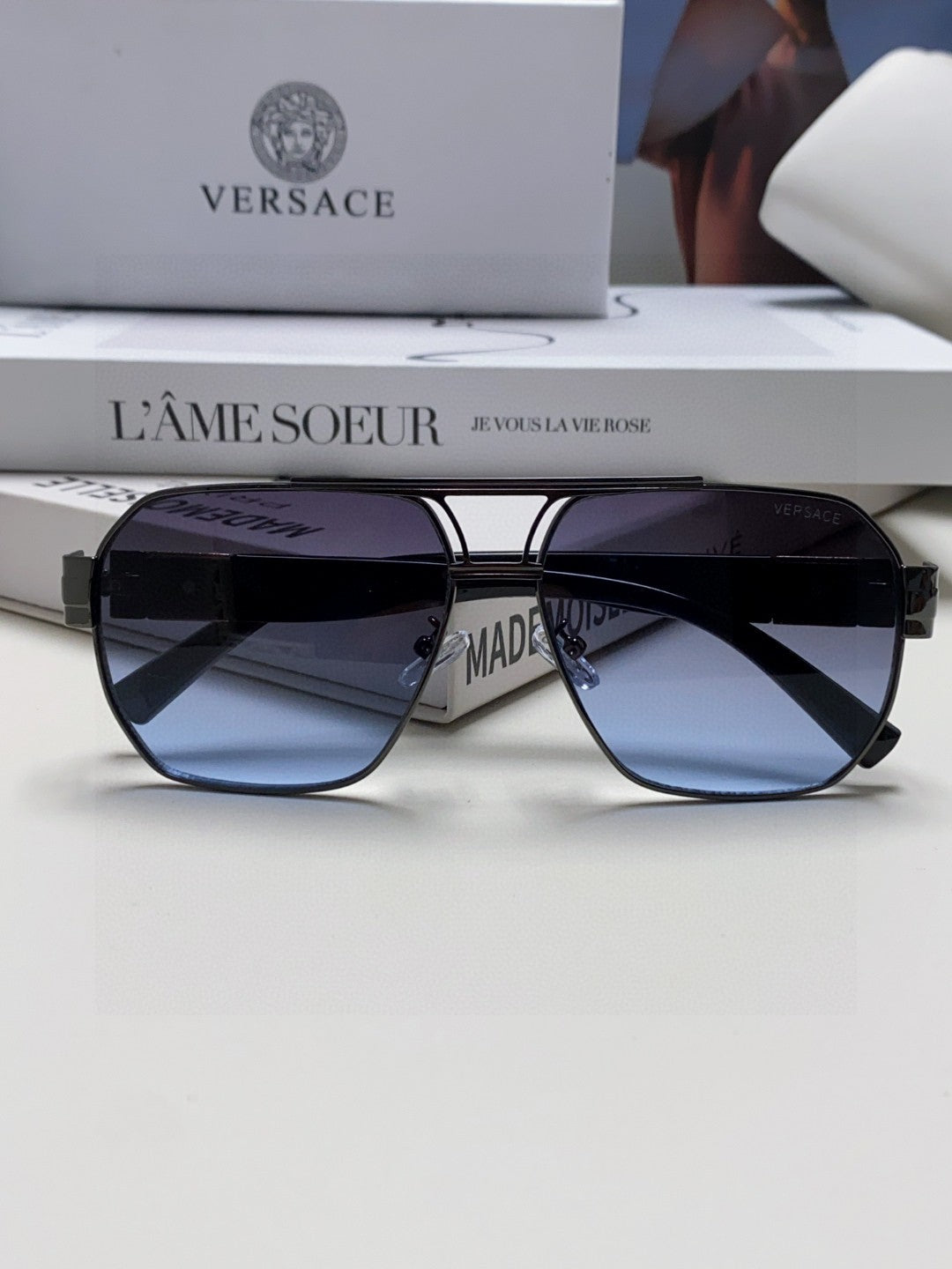 Versace Metal Square Blue Lens Sunglasses for Men & Women - 416357 - detail image 6