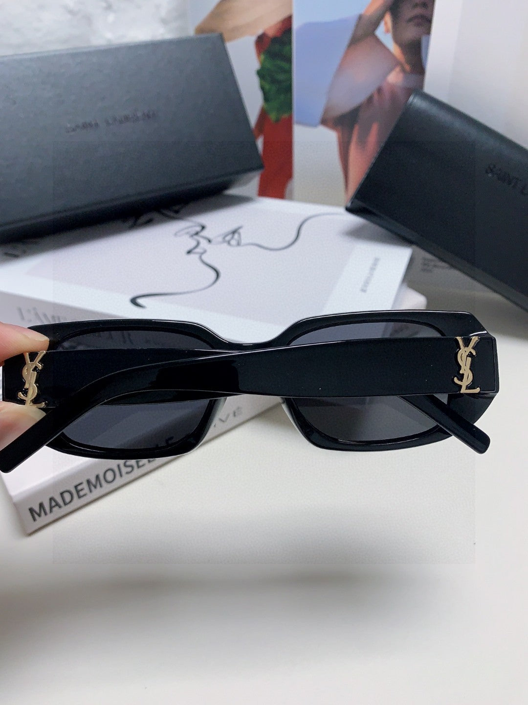 Saint Laurent Blue-Light Cat-Eye Black Lens Sunglasses for Men & Women - detail image 3