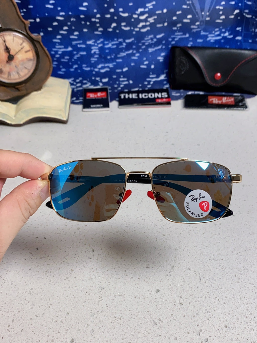 Ray-Ban RB3715M Polarized Square Blue Lens Sunglasses for Men - 359016 - detail image 4