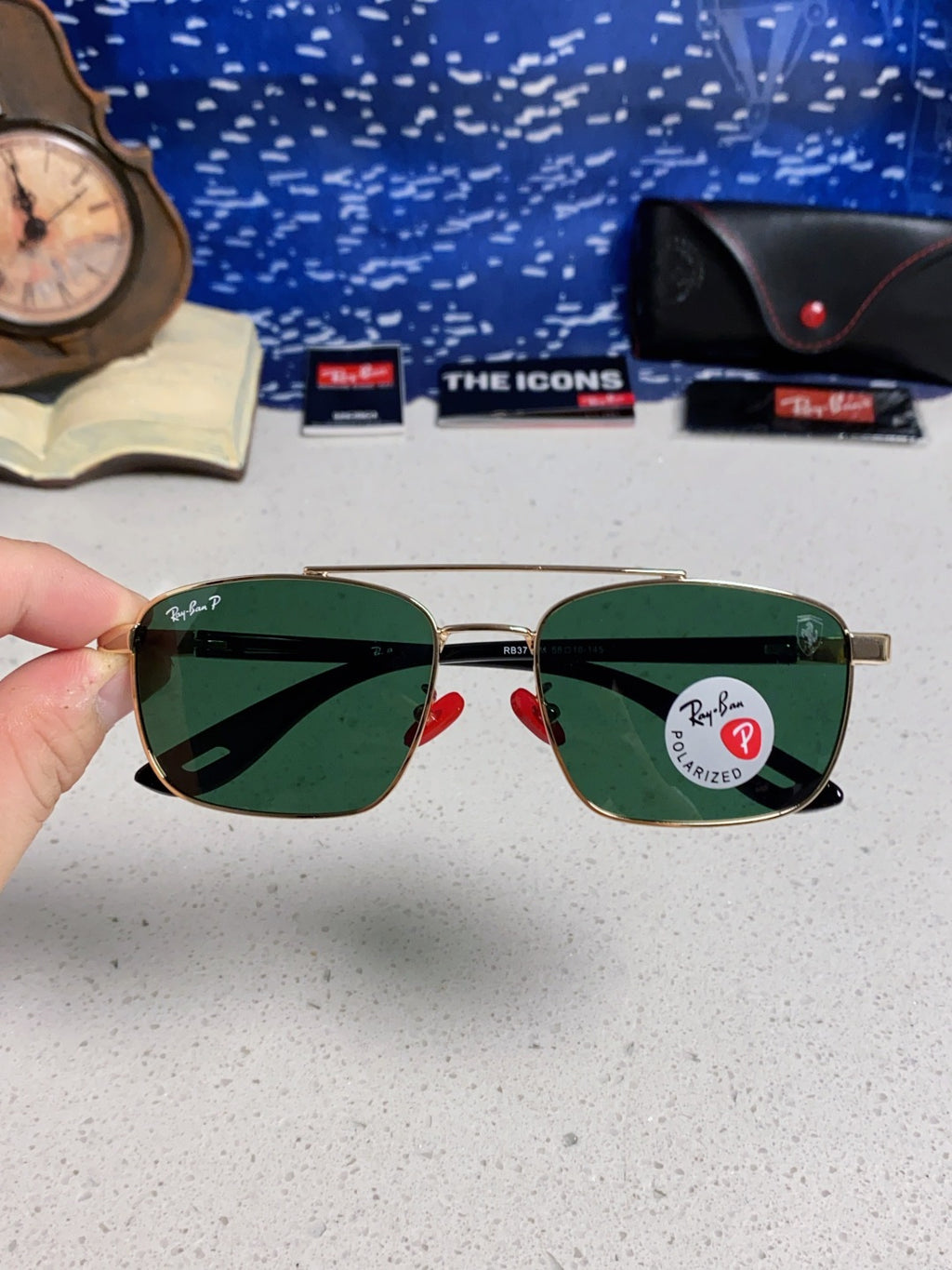 Ray-Ban RB3715M Polarized Square Green Lens Sunglasses for Men - detail image 4