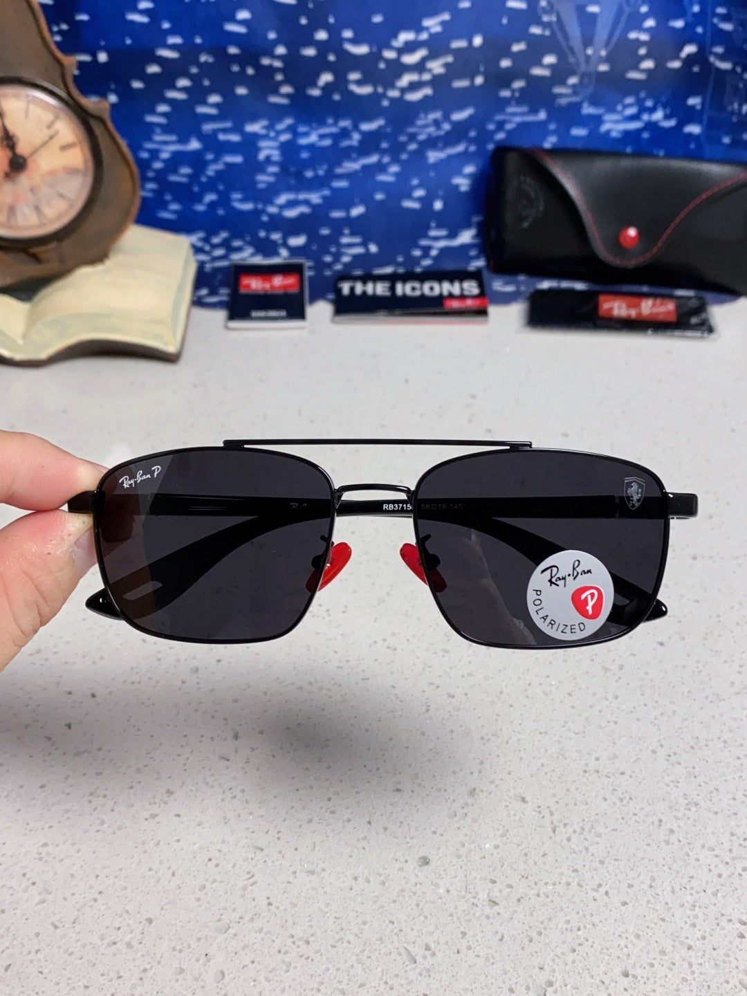 Ray-Ban RB3715M Polarized Square Black Lens Sunglasses for Men - 359021 - detail image 4