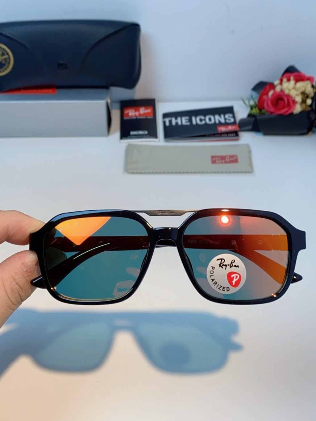 Ray-Ban RB8970 Polarized Square Orange Lens Sunglasses for Men & Women - detail image 4