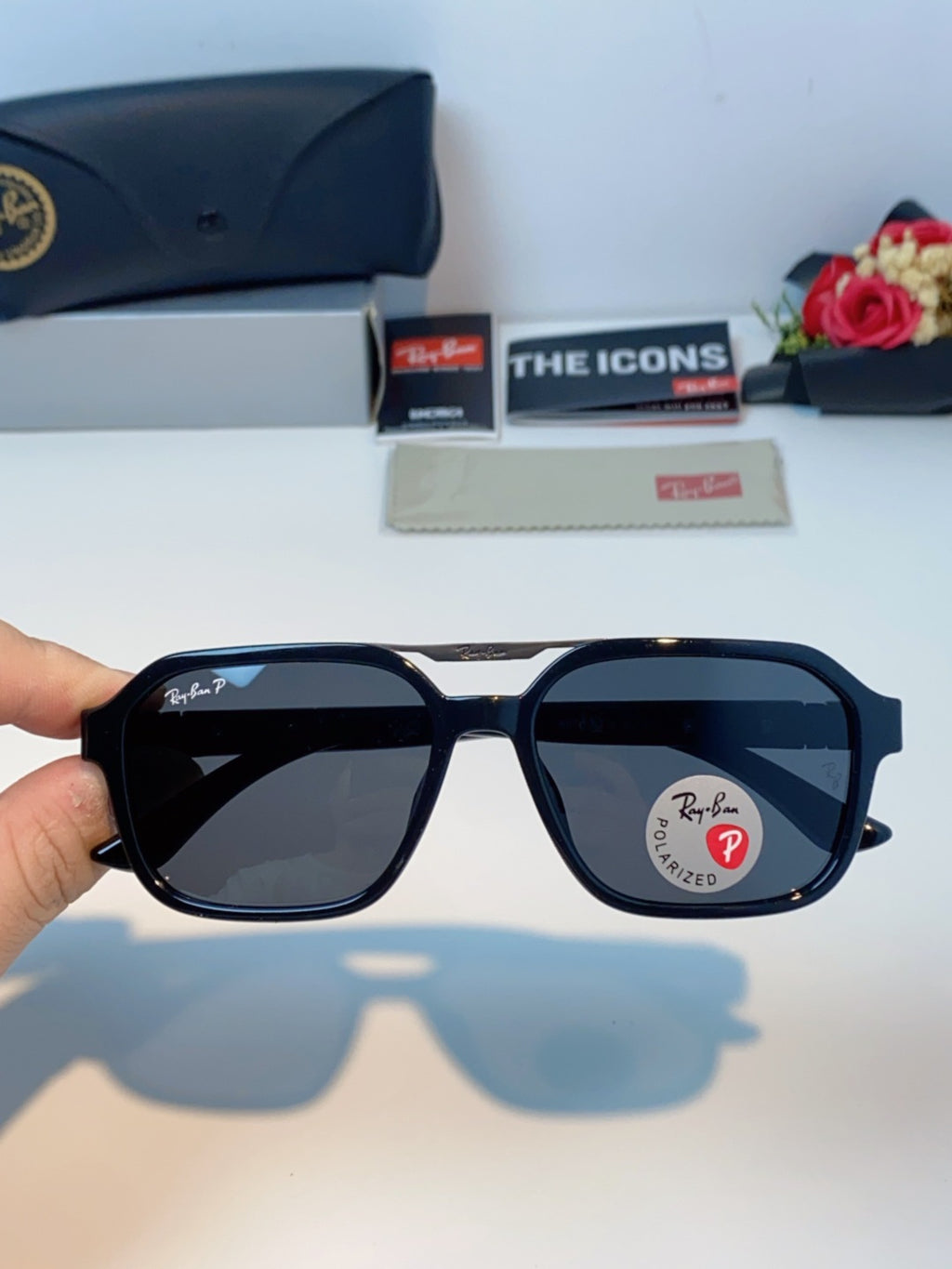 Ray-Ban RB8970 Polarized Square Black Lens Sunglasses for Men & Women - detail image 4