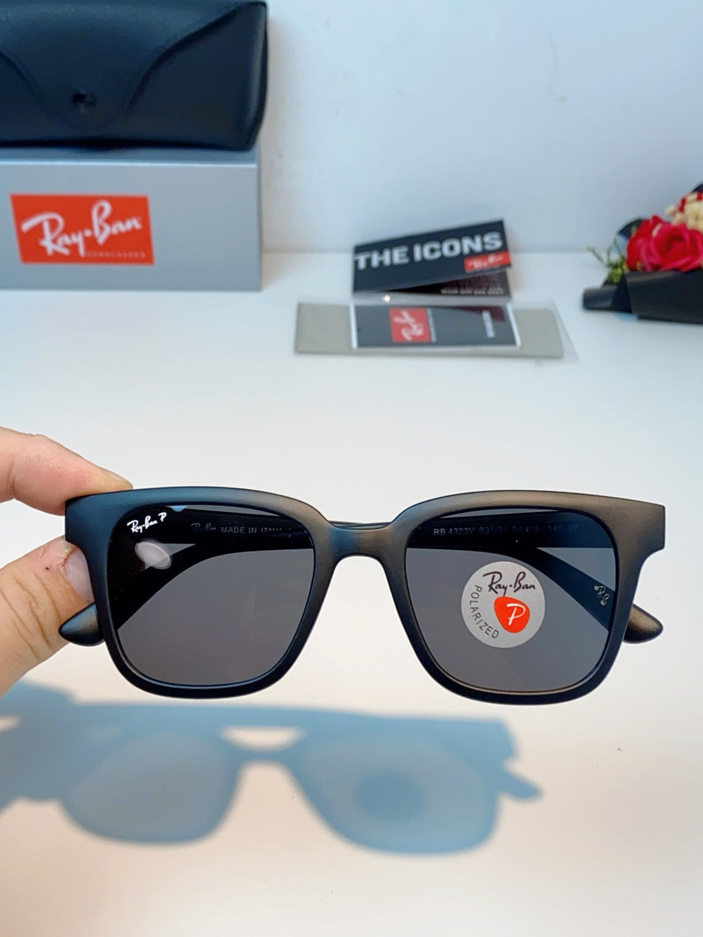 Ray-Ban RB4323 Polarized Square Black Lens Sunglasses for Men & Women - detail image 4