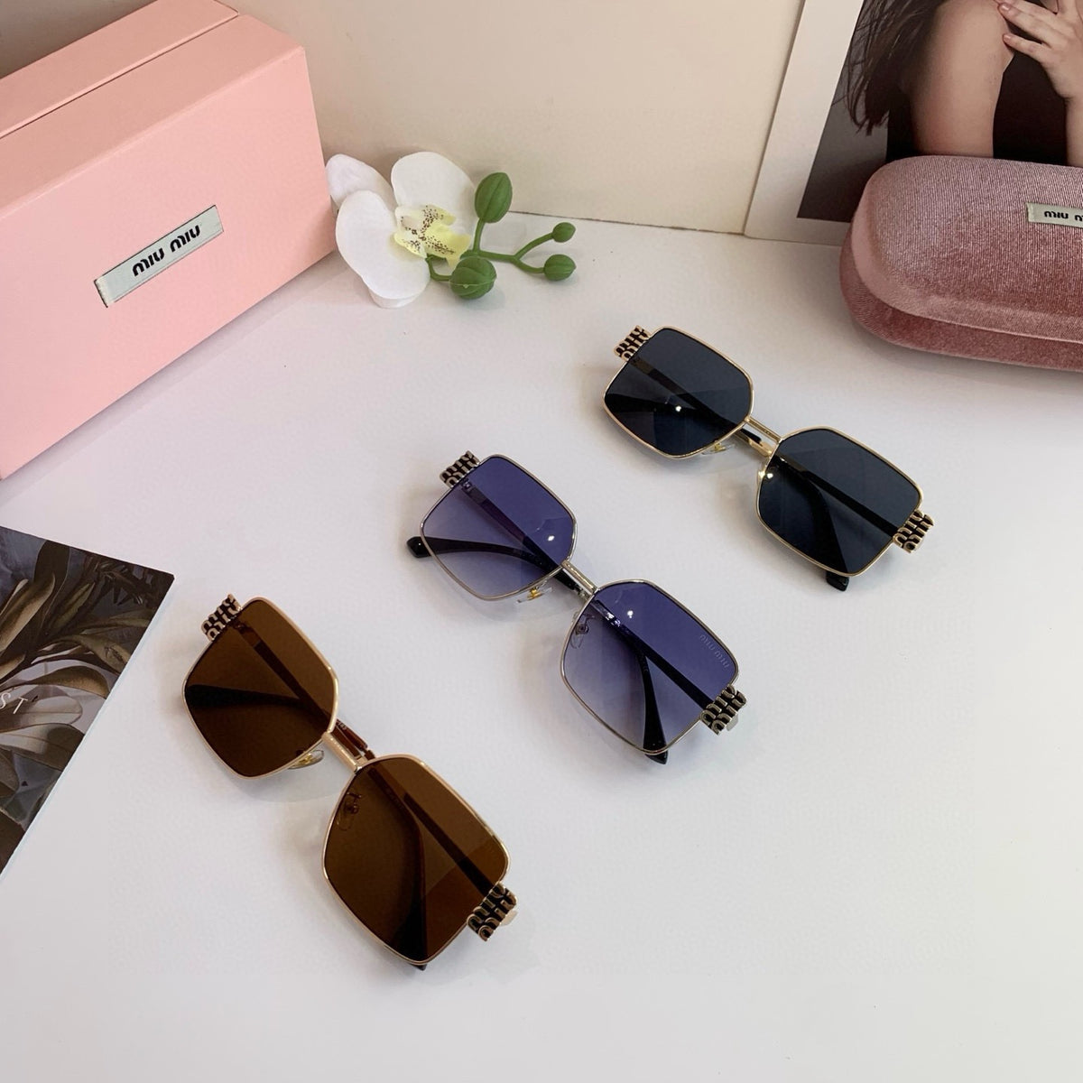 Miu Miu Metal Square Blue Lens Sunglasses for Men & Women - detail image 5
